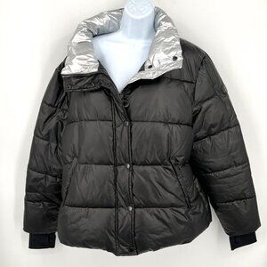 NOIZE Cruelty Free Bianca Puffer Jacket‎ Black Vegan Silver Lined Size XL